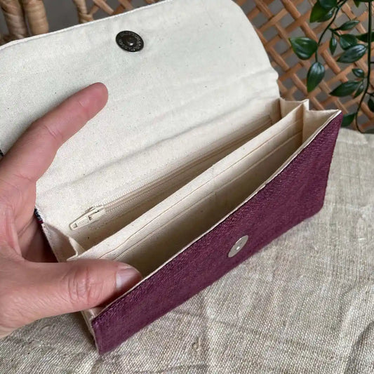 Vindigo long purse burgundy hemp geometric inside view with hand
