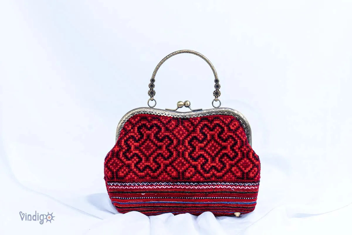 Vindigo red hemp handbag with bold cross-stitch embroidery front view