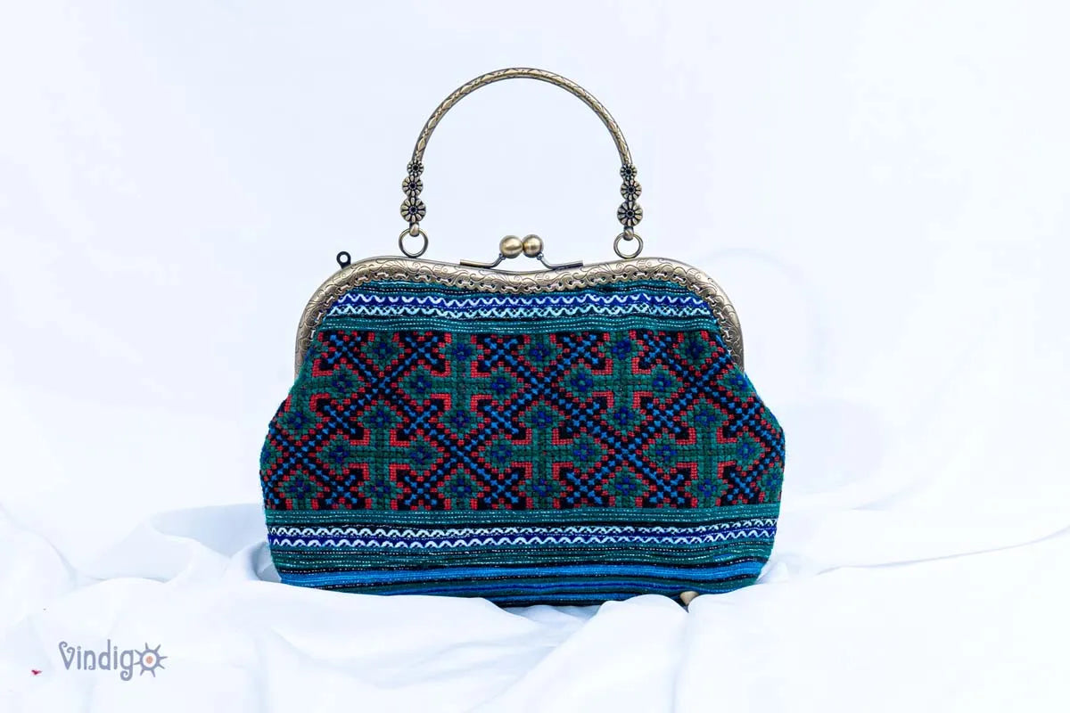 Vindigo blue vintage H'mong embroidery handbag front view
