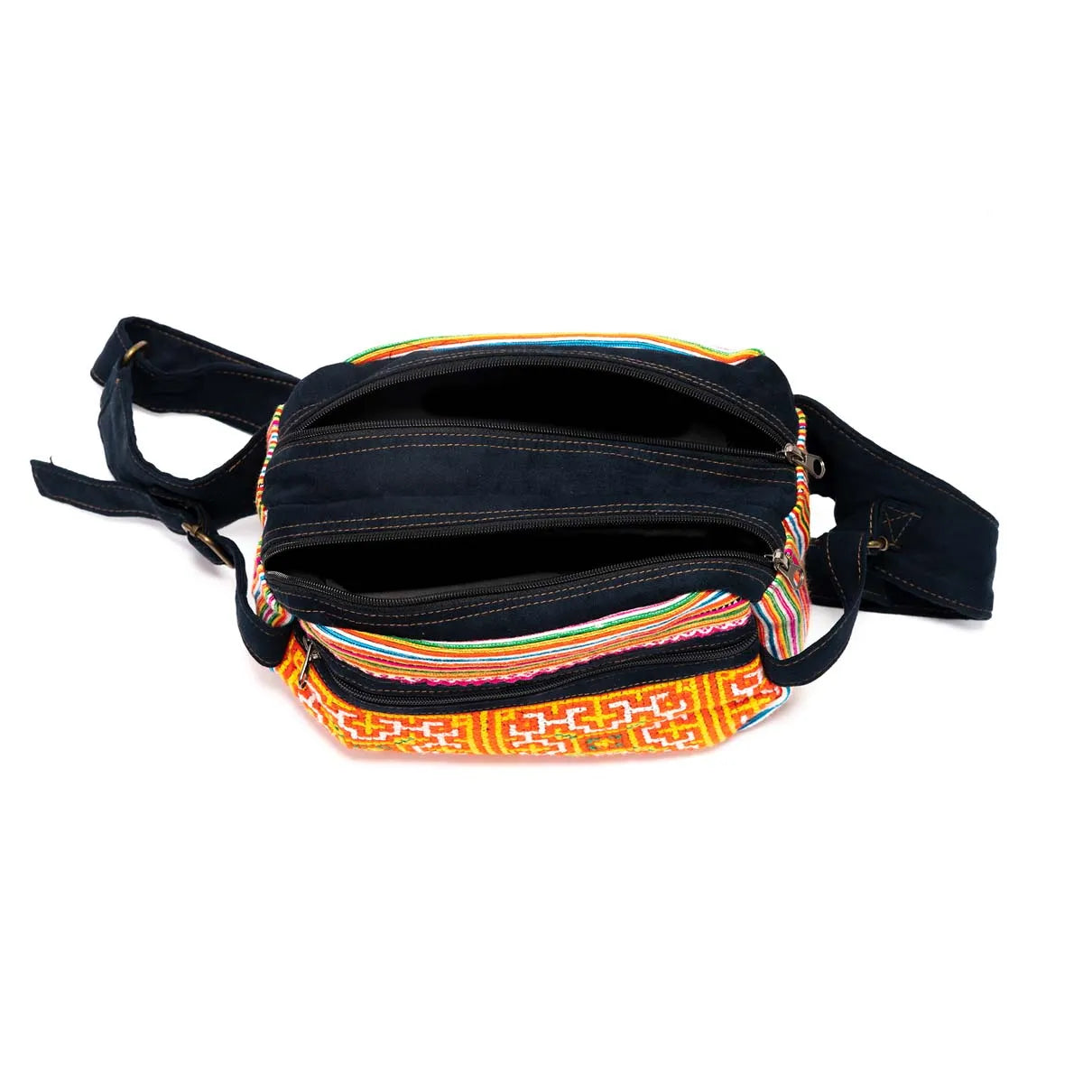 Vindigo waist bag with striped embroidery top view open compartments