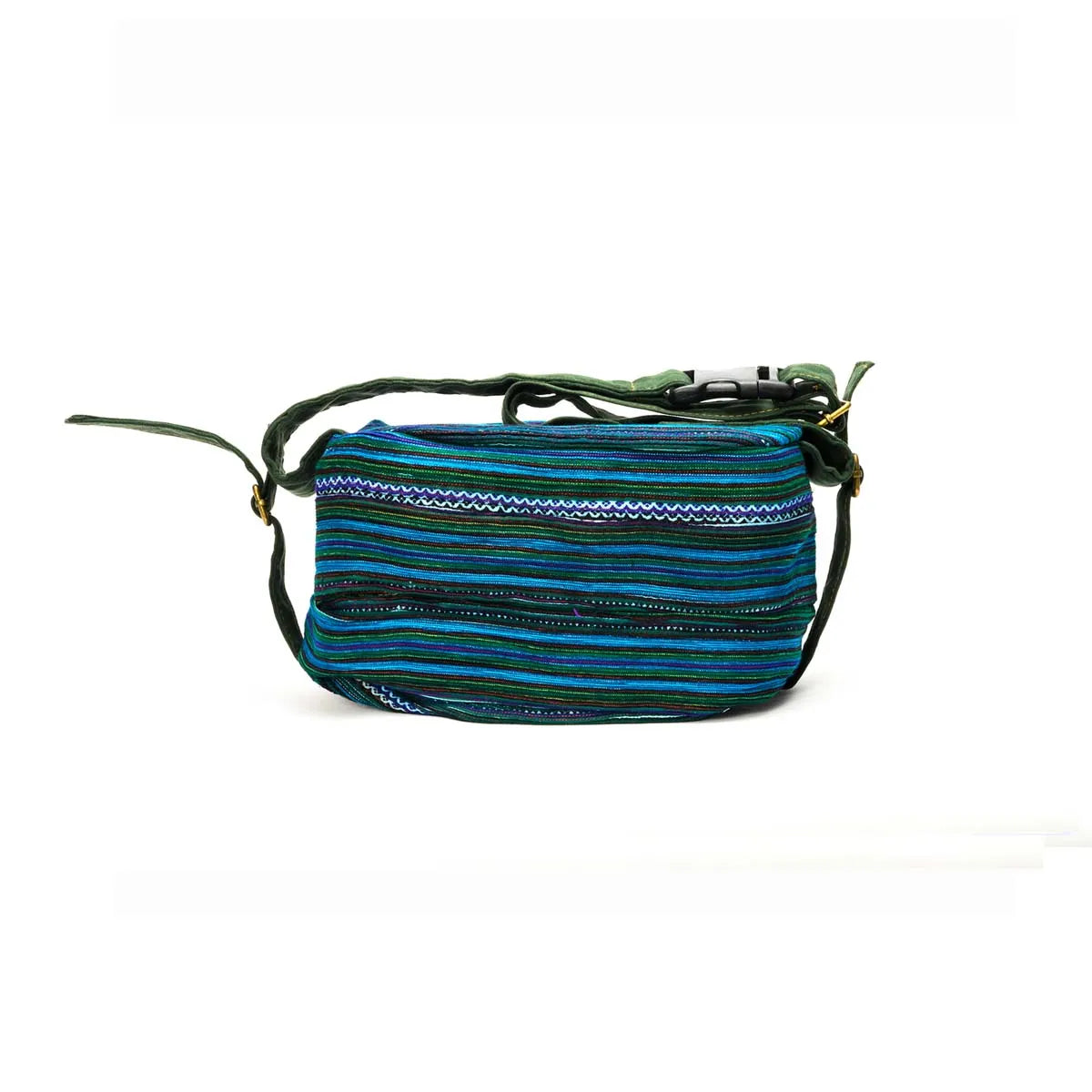 Vindigo blue striped waist bag with embroidered fabric side view