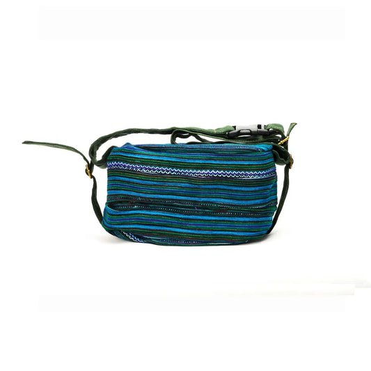 Vindigo blue striped waist bag with embroidered fabric side view