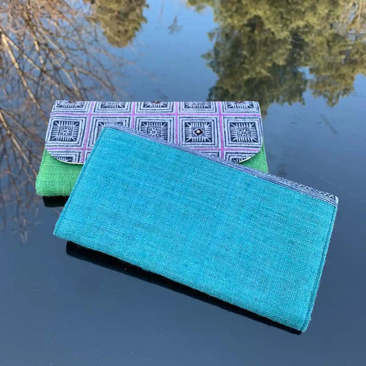 Vindigo long purse turquoise hemp with indigo batik flap front view