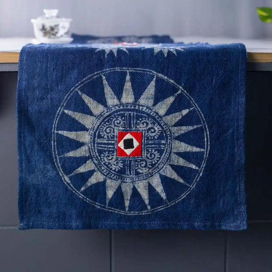 Vindigo indigo hemp table runner with sun spiral batik front view