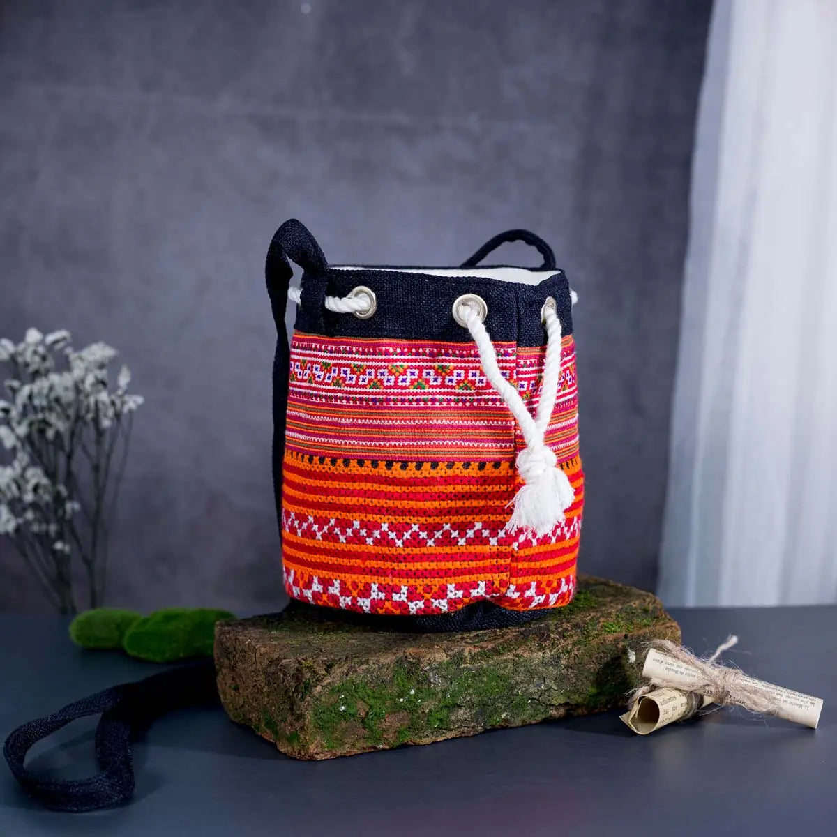 Vindigo orange hemp tribal bucket bag front upright view