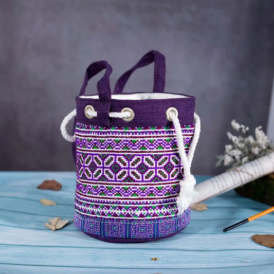 Vindigo purple embroidered canvas bucket bag front view