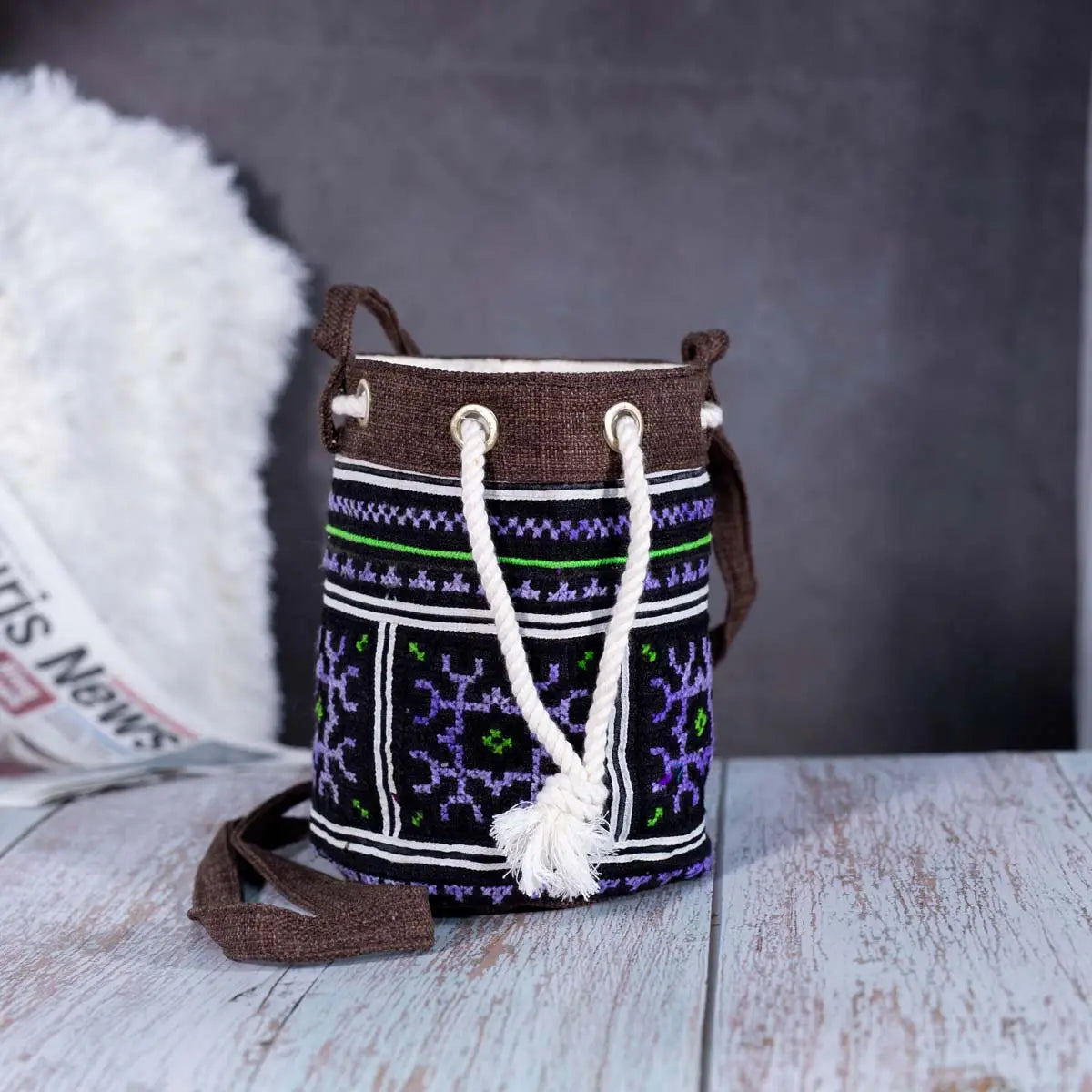 Vindigo brown hemp geometric embroidered bucket bag front view