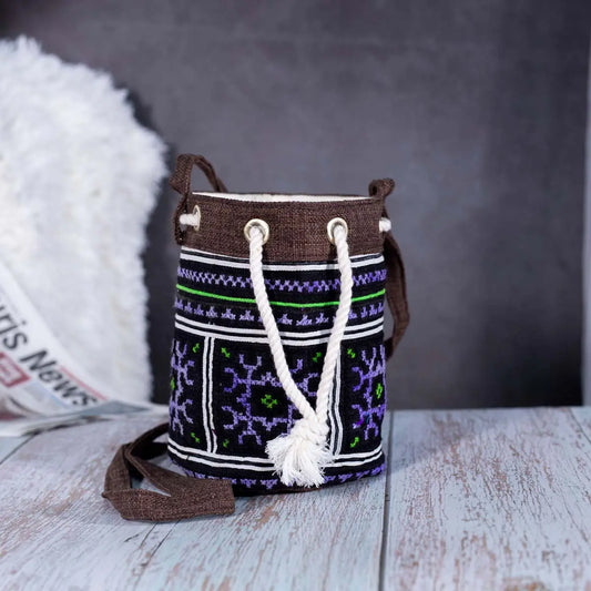 Vindigo brown hemp geometric embroidered bucket bag front view