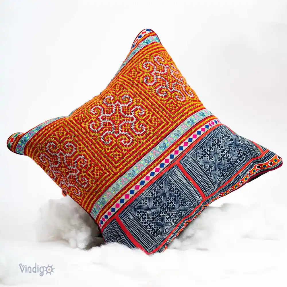 Vindigo cushion cover orange H’mong batik embroidered front view