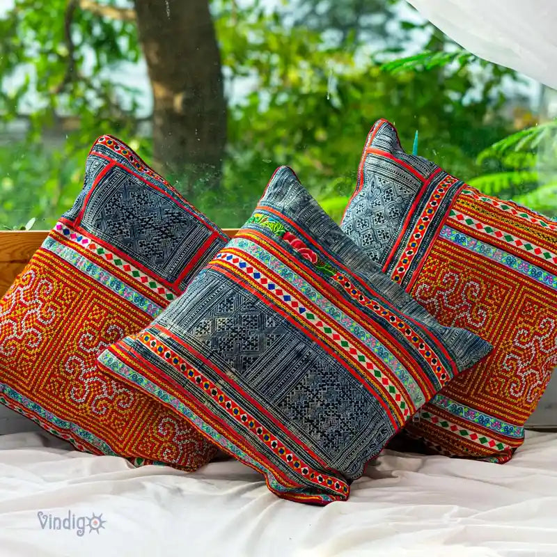 Vindigo cushion cover grey H’mong batik embroidered lifestyle view