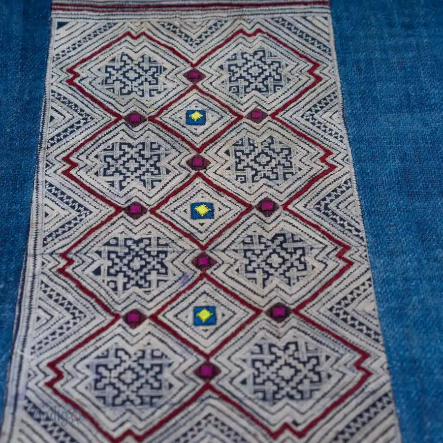 Close-up of vintage H’mong batik motif on indigo hemp