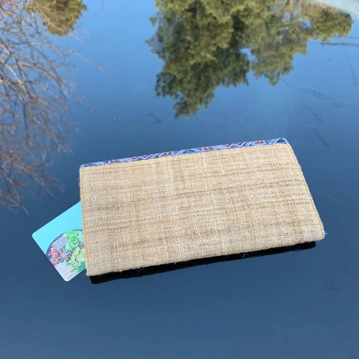 Vindigo long purse beige hemp with indigo batik front view