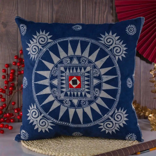 Vindigo blue cotton batik cushion cover with sunburst motif front view
