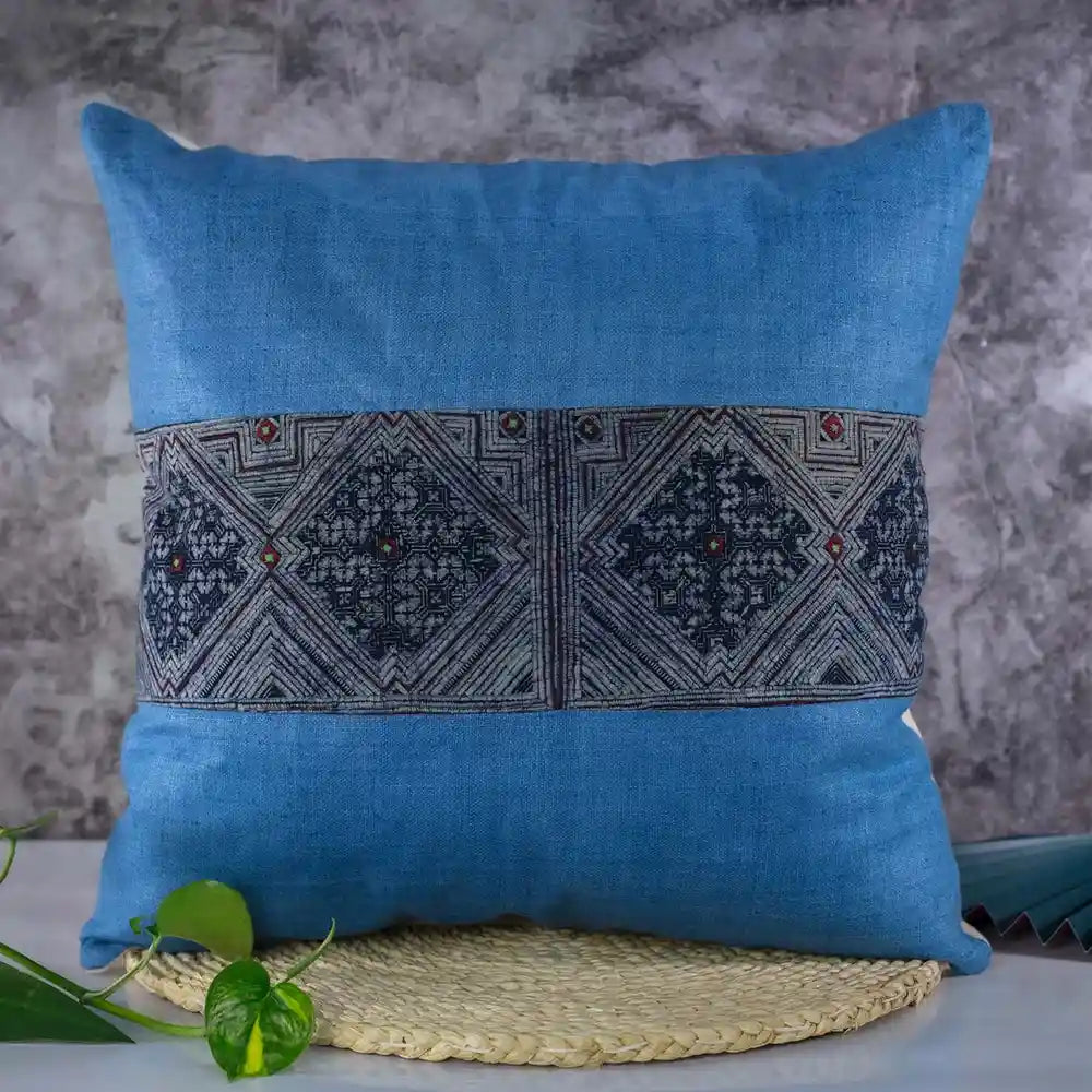 Vindigo blue hemp embroidered cushion cover front view