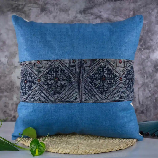 Vindigo blue hemp embroidered cushion cover front view