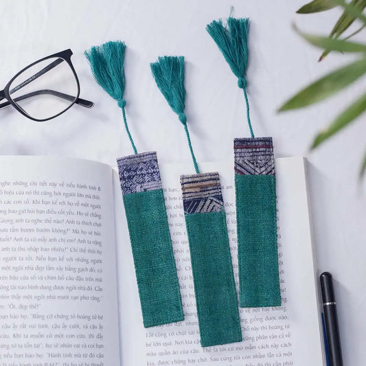 Vindigo teal hemp batik pattern bookmarks on open book