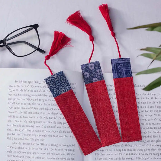 Vindigo red hemp batik pattern bookmarks on open book