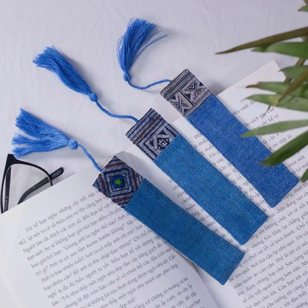 Vindigo blue hemp batik pattern bookmarks placed on open book
