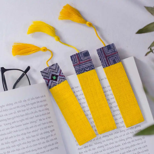 Vindigo yellow hemp batik pattern bookmarks on open book