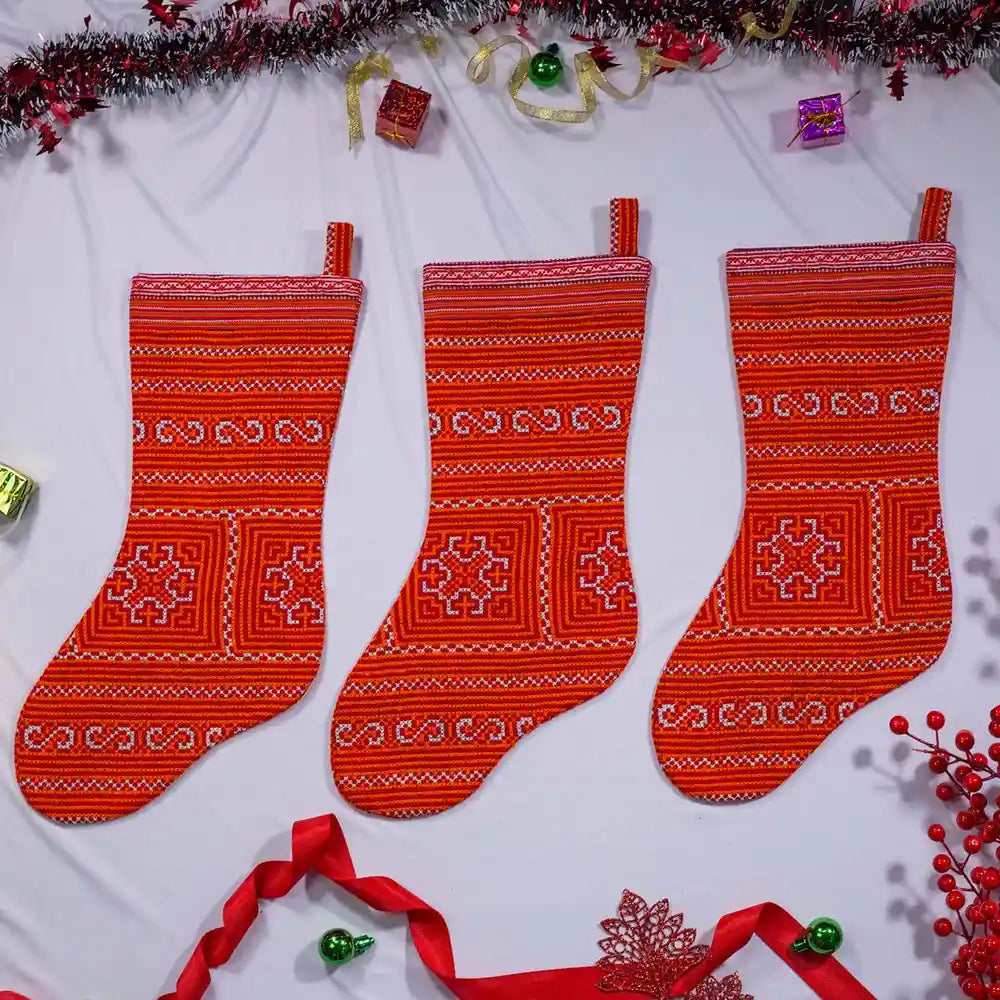 Vindigo red tribal embroidered Christmas stockings front view