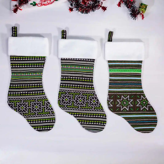 Vindigo green and black tribal embroidered Christmas stockings front view