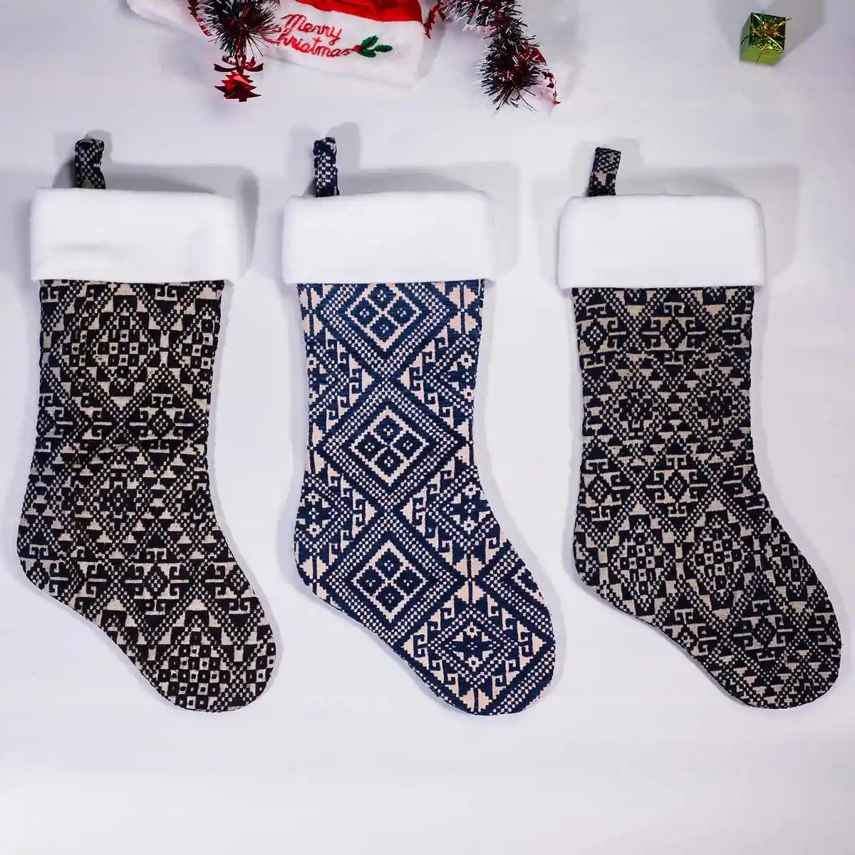 Vindigo black and white tribal embroidered Christmas stockings front view