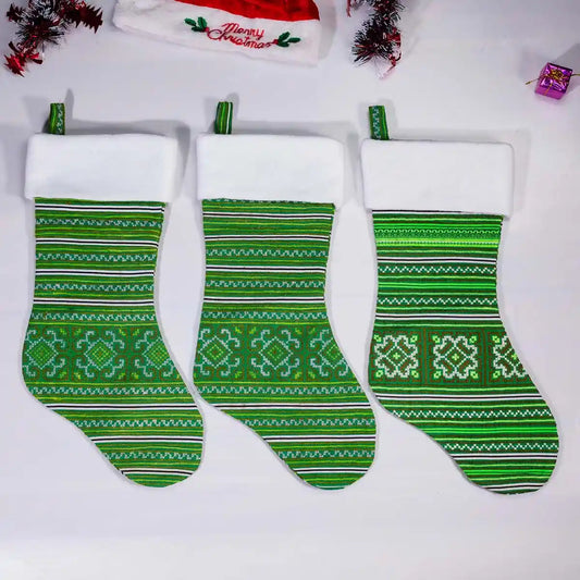 Vindigo green embroidered Christmas stockings with white cuff front view