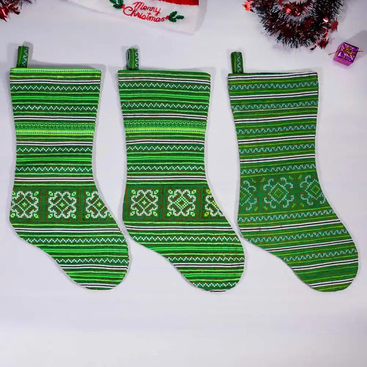 Vindigo green tribal embroidered Christmas stockings front view