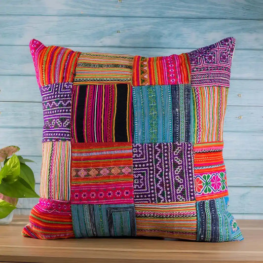 Vindigo multicolor cotton cushion cover with tribal patchwork front view