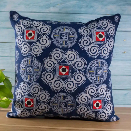 Vindigo indigo cotton cushion cover with H’mong batik spiral pattern front view