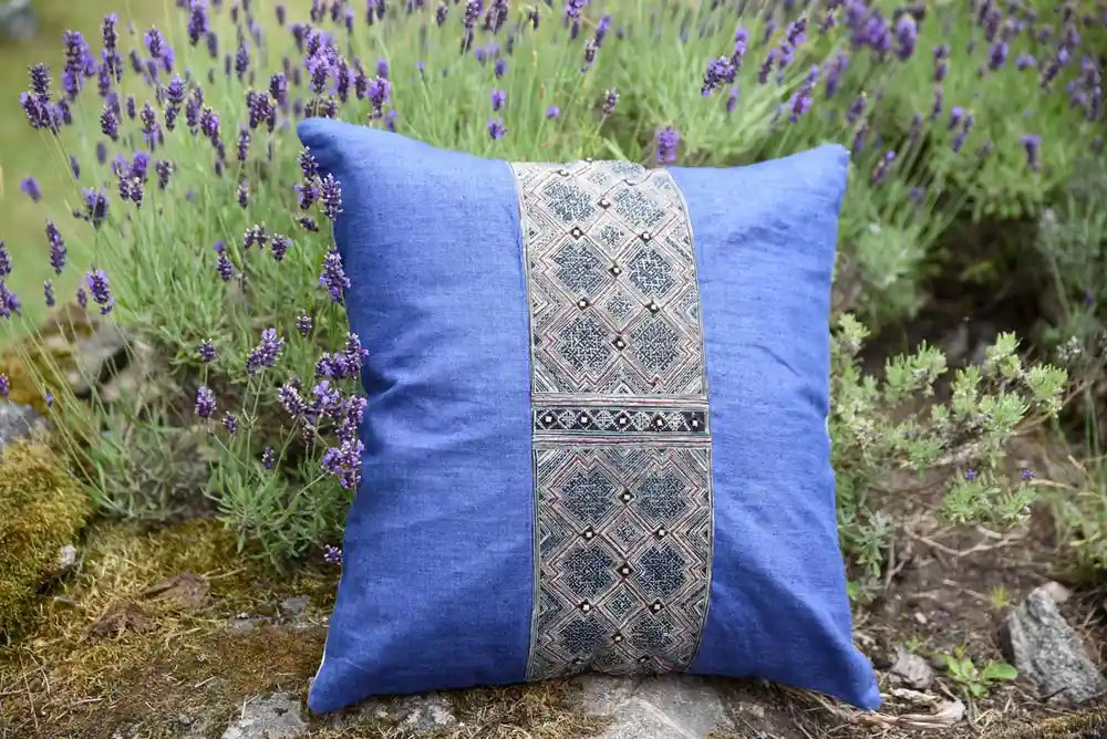 Blue hemp cushion with vintage H’mong panel in lavender field