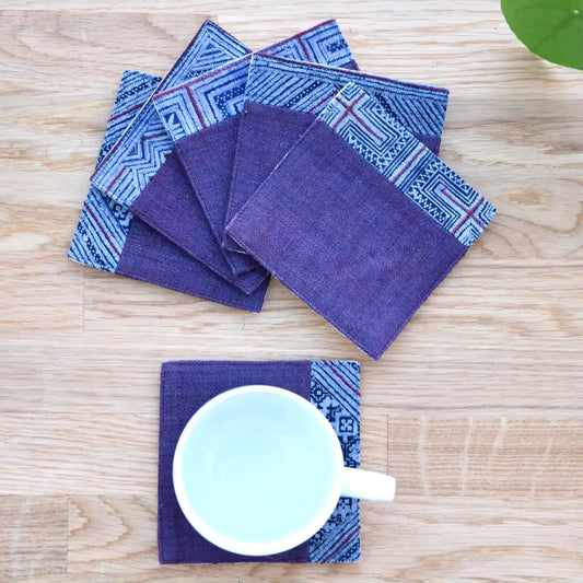 Set of indigo hemp coasters with traditional tribal woven pattern