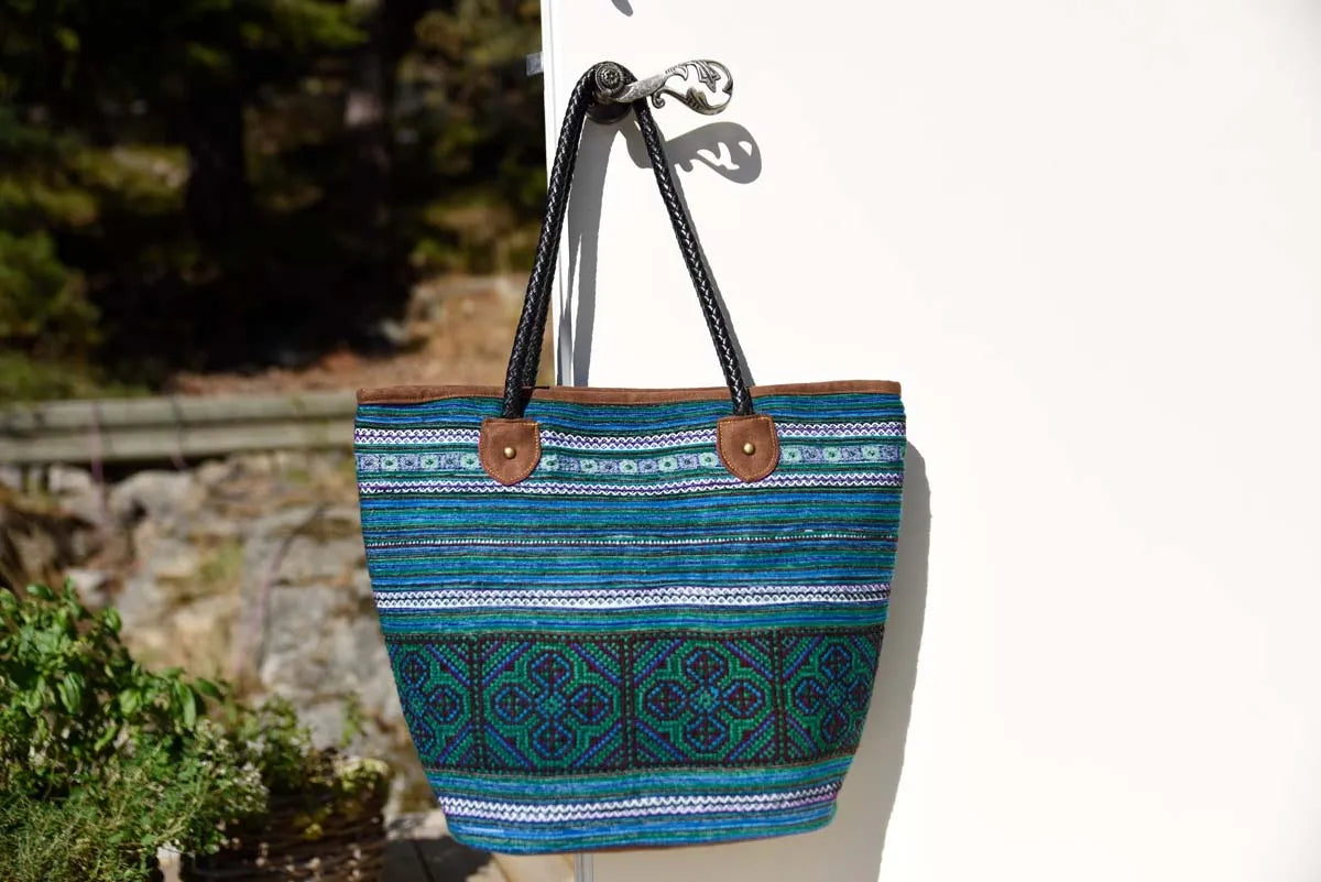 Vindigo blue hemp tribal tote bag on outdoor chair