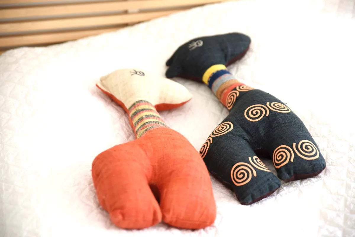 Vindigo stuffed deer toys in orange and black hemp fabric