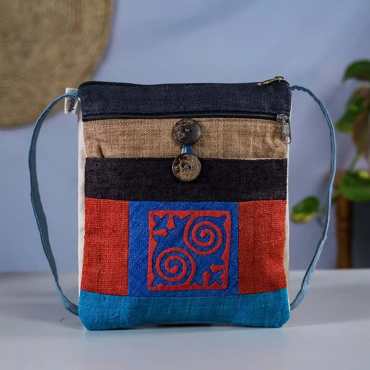 Vindigo hemp patchwork crossbody bag red and blue front view