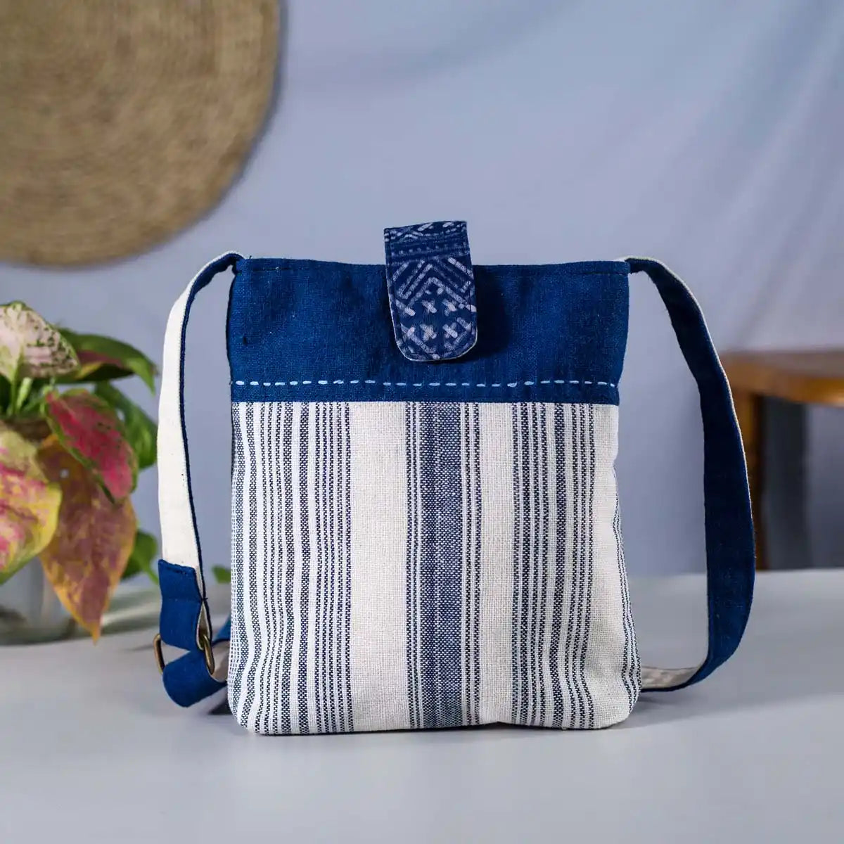 Vindigo striped hemp mini crossbody bag with indigo batik flap front view