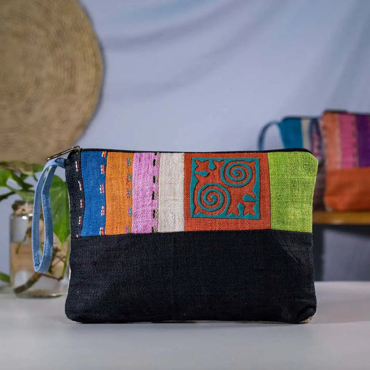 Vindigo black hemp cosmetic bag front view with multicolor hand embroidery