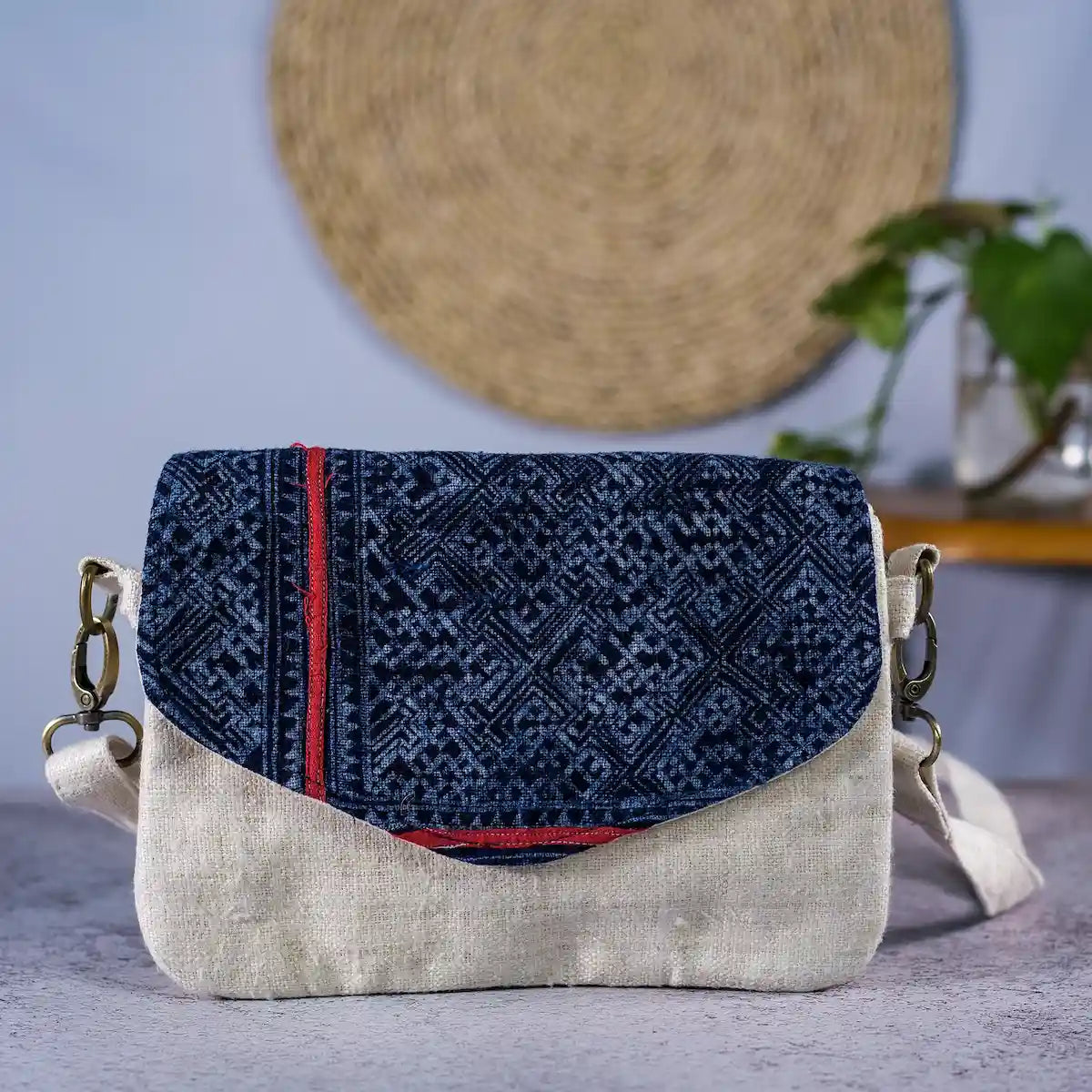 Vindigo indigo hemp crossbody bag with batik flap front view