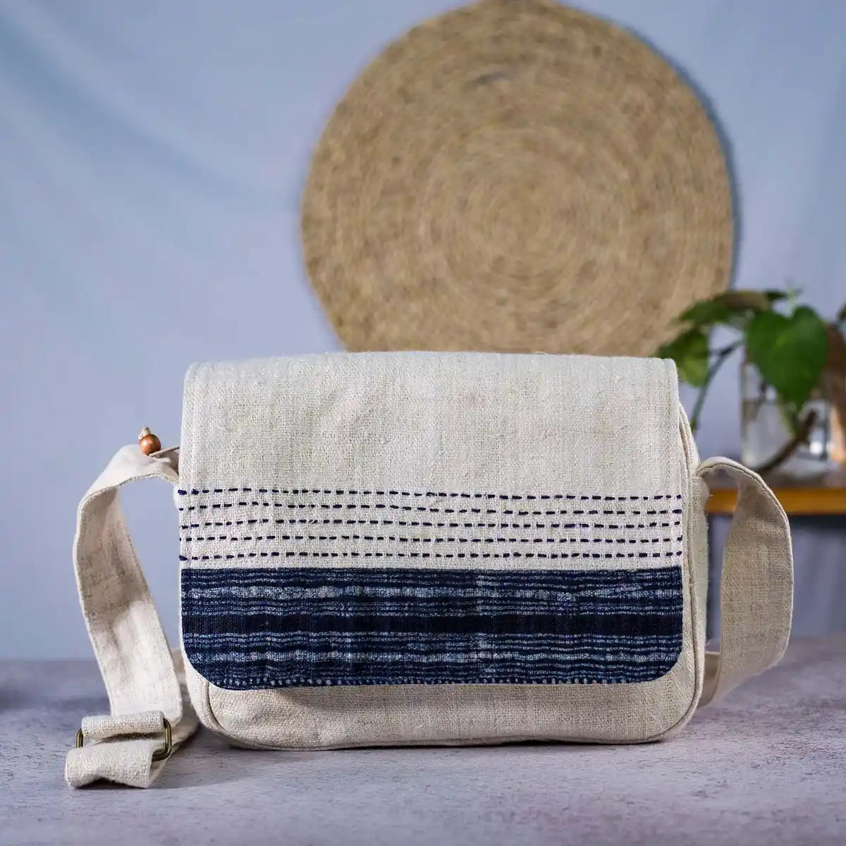 Vindigo beige hemp crossbody bag with indigo batik flap front view