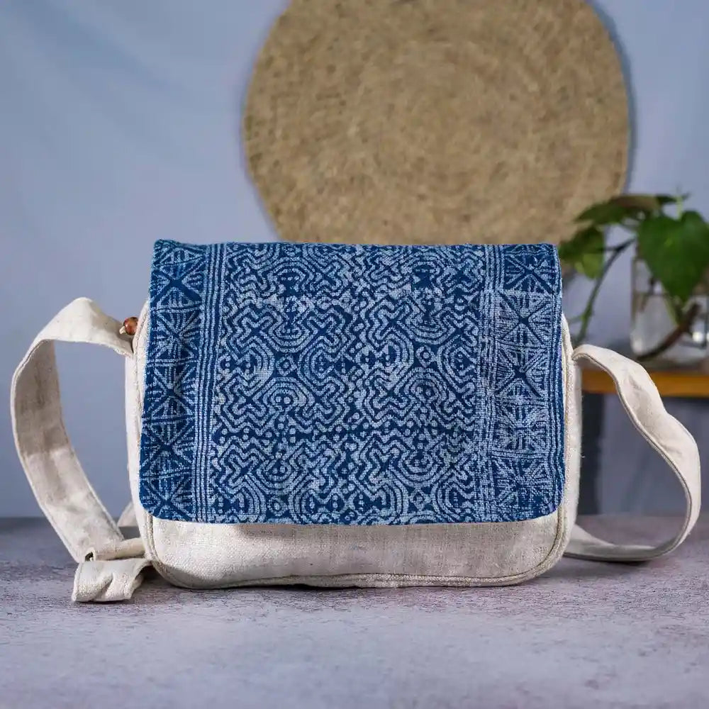 Vindigo beige hemp crossbody bag with indigo batik geometric flap front view