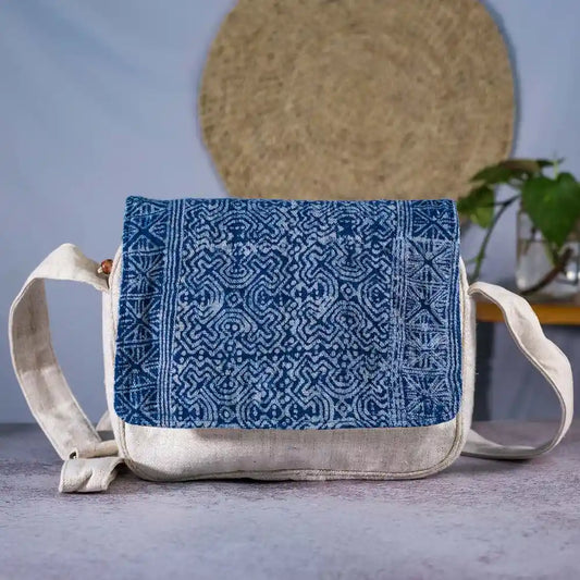 Vindigo beige hemp crossbody bag with indigo batik geometric flap front view