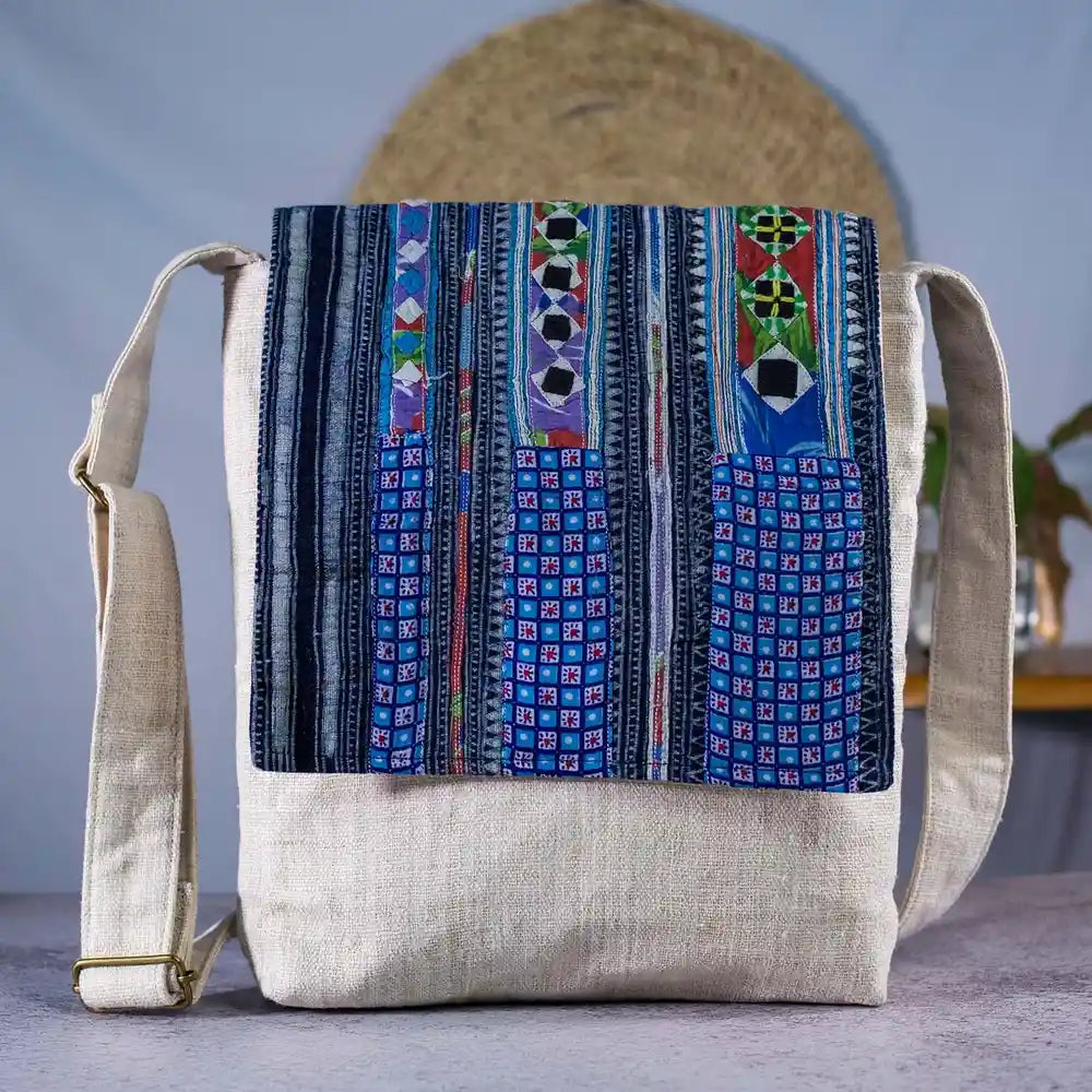 Vindigo blue hemp crossbody bag with Hmong batik flap front view