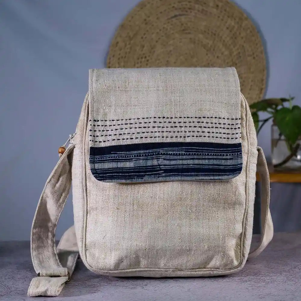 Vindigo beige hemp crossbody bag with dark indigo batik flap front view