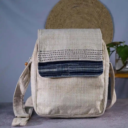 Vindigo beige hemp crossbody bag with dark indigo batik flap front view