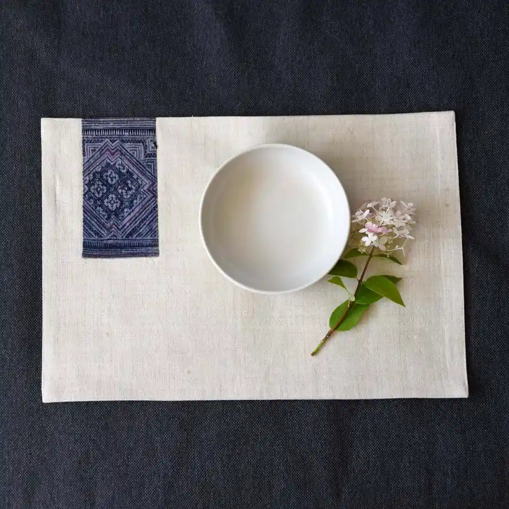 Vindigo cream hemp placemat with indigo napkin and bowl