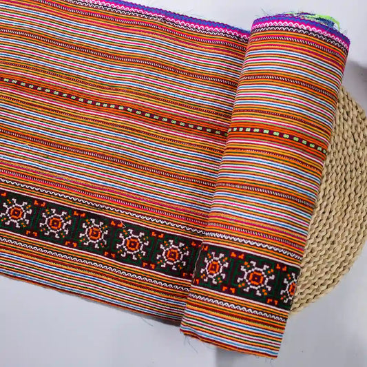 Vindigo orange cotton fabric roll with floral border embroidery front view