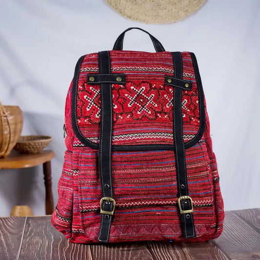 Vindigo red embroidered cotton backpack front view