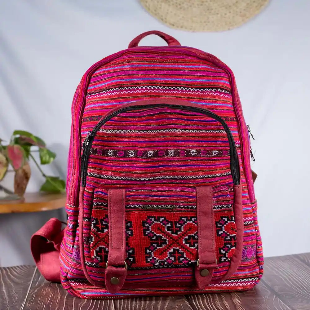 Vindigo embroidered pink cotton backpack front view