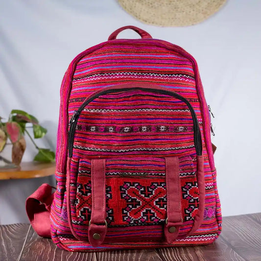 Vindigo embroidered pink cotton backpack front view