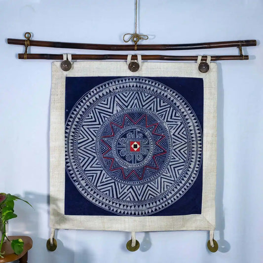 Vindigo indigo hemp batik tapestry hanging with circular pattern